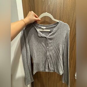 aerie Gray Ribbed Button-Up Long Sleeve Top